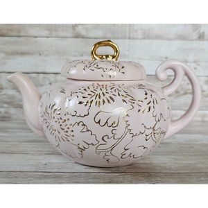 Vintage Pale Pink Pumpkin Teapot With Gold Accents Signed Kappa 57 8" x 4.5"